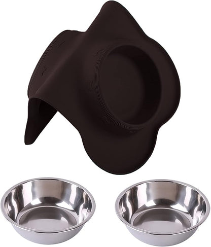 Hubulk Pet Dog Bowls 2 Stainless Steel Dog Bowl with No Spill Non-Skid Silicone Mat + Pet Food Scoop Water and Food Feeder Bowls for Feeding Small Medium Large Dogs Cats Puppies (Medium, Chocolate)