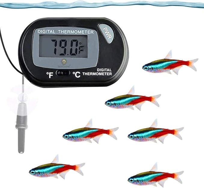 SunGrow Digital Betta Thermometer for Tropical Aquarium Fish, Black Color, Suction Cups and 1 Battery Included, 1 pc per Pack