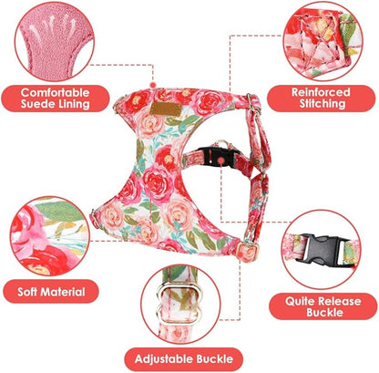 Lukovee Puppy Harness and Leash Set, No Pull Lightweight Soft Suede Adjustable Pet Harness Vest with Snap Buckle for Puppy Small and Medium Size Dog (Pink Rose, S)