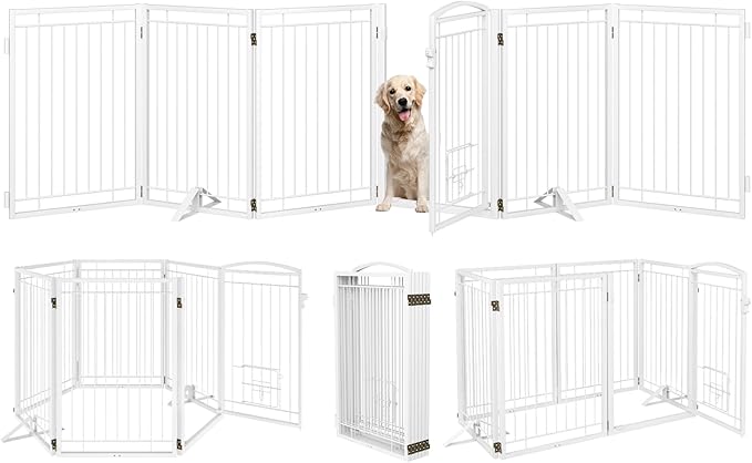 Metal Freestanding Dog Gate with Cat Door for Indoor&Outdoor,120" Extra Wide Foldable Pet Gate,32" Tall Foldable Indoor Dog Fence for Wide Openings Stairs,Deck,Yard,Doorways(6 Panels,White)