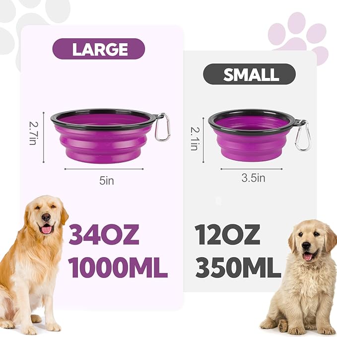 Collapsible Dog Bowl Large 2 Pack, Dog Water Bowls for Travels, Portable Foldable Pet Bowls Feeding Watering Dish for Parking Walking Camping with 2 Carabiners Clip (34oz, Large, Grey+Purple)
