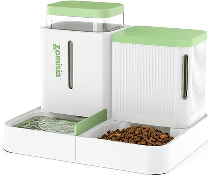 ZOMISIA Gravity Cat Feeder and Water Dispenser, 2 in 1 Cat Self Feeder with 180 Degree Rotatable, Automatic Feeding Large Capacity for Small Medium Dog Puppy Kitten, White & Green, 0.8 Gallon x 2