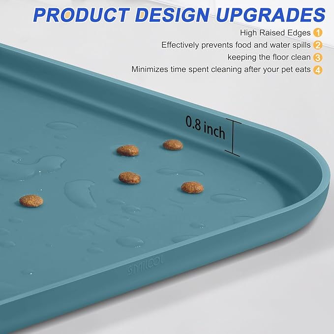 SMILOOL Silicone Pet Feeding Mat with Raised Edge for Food and Water, Dog Bowl Mats, Cat Bowls Placemat with High Lip for Floor Waterproof, Rubber Tray for Cats and Dogs 22 x 14 x0.8 Slate Blue
