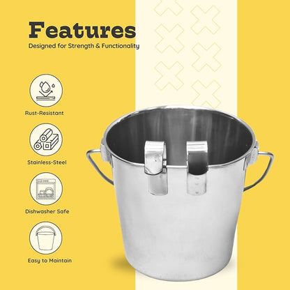 2 quart Stainless Steel Flat Sided Bucket with Dual Hooks | 0.5 gal Durable Food & Water Bowl for Dog Cats Bird & Small Animals | Fits kennel Cage Critter Crate | Hanging Utility Pet Pail