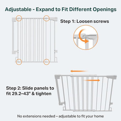 Cumbor 34" Extra Tall No Bottom Bar Baby Gate for Stairs, Wall Mounted Dog Gate Indoor for Larger Pets, Expandable 29.2-43" Safety Gate for Doorways, Wide Walk Thru Door for Easy Access (White)