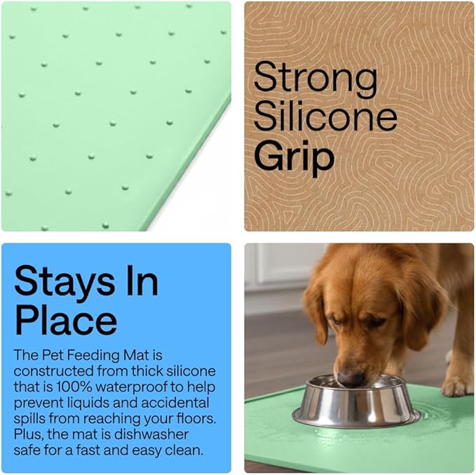 GORILLA GRIP 100% Waterproof Raised Edge BPA Free Silicone Pet Feeding Mat, Dog Cat Food Mats Contain Spills Protects Floors, Placemats for Cats and Dogs Water Bowl, Pets Accessories 32x24 Mint