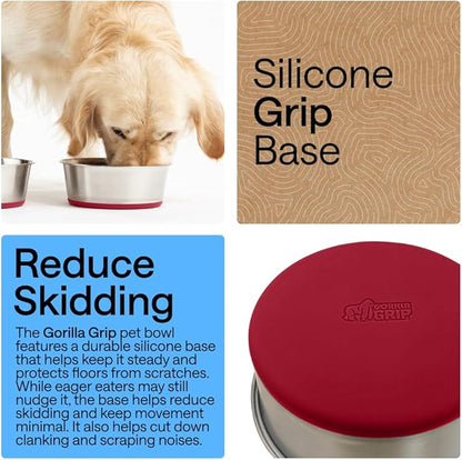GORILLA GRIP Dog Bowls, Food Grade 304 Stainless Steel, Holds 4 Cups Each (32 fl oz) Food and Water Bowl for Feeding Dogs and Cats, Dishwasher Safe, Rust Resistant, BPA Free Rubber Base Set of 2 Red