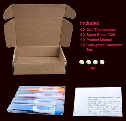 Oral Thermometer, Digital Thermometer for Fever (A, Pack of 4)