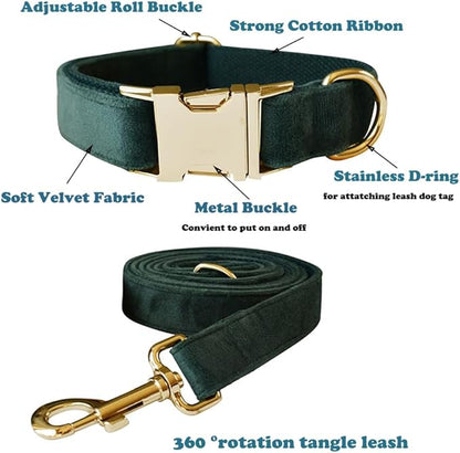 Love Dream Velvet Dog Collar and Leash Set, Soft & Comfy Adjustable Dog Leash and Collar with Heavy Duty Metal Buckle for Small Medium Large Dogs Training & Walking (XLarge, Green)