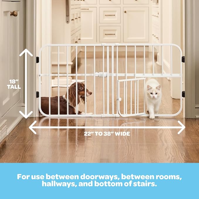 Carlson 24-38" Lil Tuffy Expandable Metal Dog Gate for Doorways, Indoor Pet Gate with Small Pet Door, No-Drill Pressure Mount, White