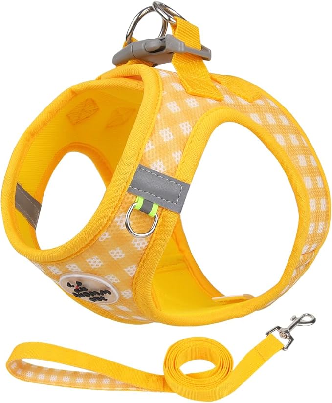 Dog Harness Small Sized and Leash Set, Plaid Step in Soft Light Puppy Vest, Breathable Mesh Pet Harness, Reflective for Small Medium Dogs Safe Easy Walking, Yellow S