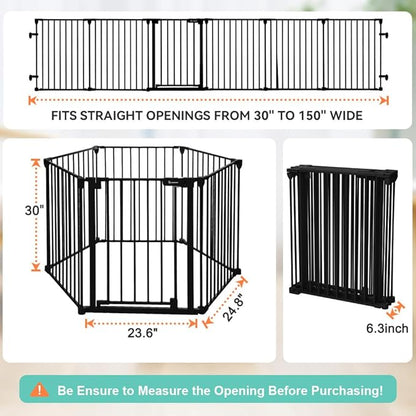 COMOMY 150" Extra Wide Baby Gate with Door, Dog Gates for The House Doorways Fireplace, Auto Close Baby Fence Play Area, Walk Through Pet Gate, Hardware Mounted, 6-Panels (30" Tall, Black)