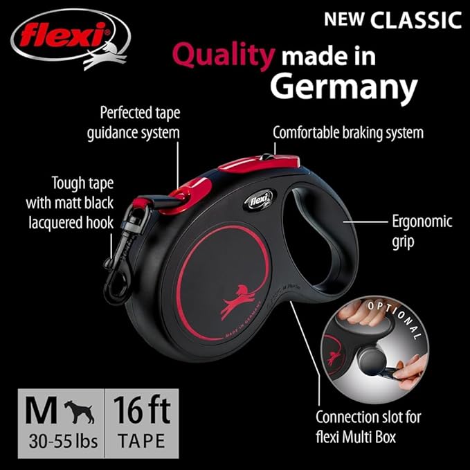 FLEXI New Classic Tape Retractable Dog Leash for Medium Dogs Upto 30-55 lbs. – 16 ft., Black Red |Tangle Free Pet Walking Leash with One-Handed Brake, Pause, Lock |German Quality Product