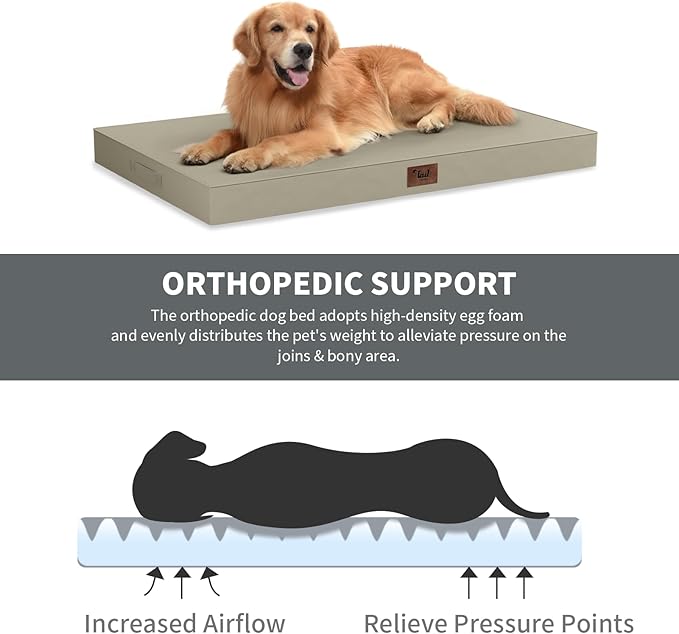 Outdoor Extra Large Dog Bed, Jumbo Waterproof Dog Bed for Large Dogs, Orthopedic Egg Crate Foam Pet Mat with Removable Oxford Cooling Cover, Khaki