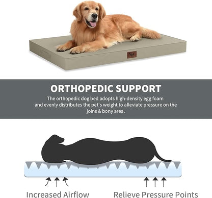 Outdoor Extra Large Dog Bed, Jumbo Waterproof Dog Bed for Large Dogs, Orthopedic Egg Crate Foam Pet Mat with Removable Oxford Cooling Cover, Khaki