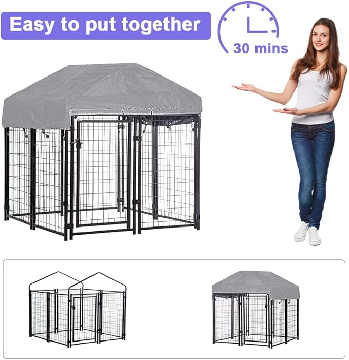 BestPet 4'x4'x4.3' ft Heavy Duty Outdoor Dog Kennel with Waterproof Roof, Galvanized Steel Large Dog Run Cage for Medium & Large Dogs, Secure Lock for Backyard