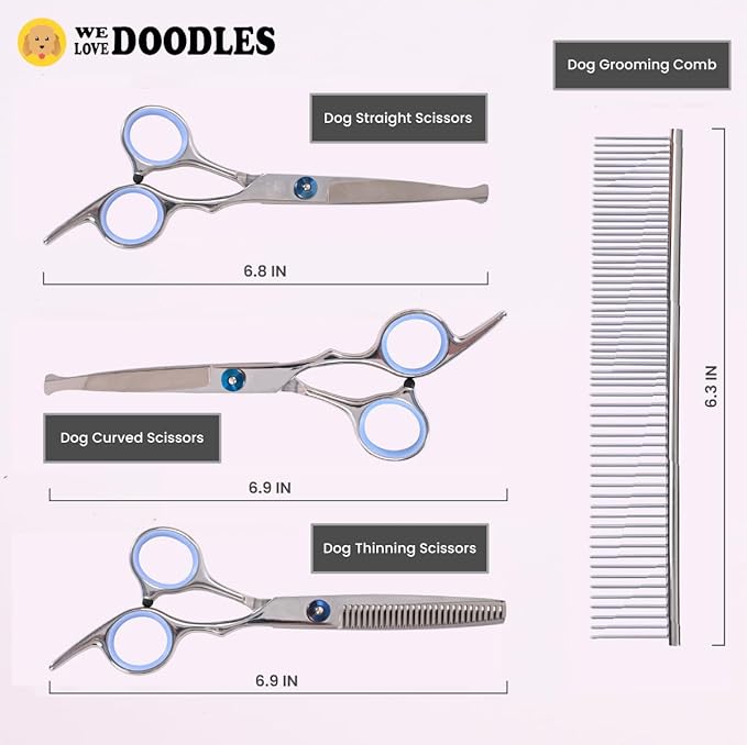 Dog Grooming Scissors Kit with Rounded Blunt Tips, Straight, Curved & Thinning Shears, Tools for Goldendoodles, Poodles & Doodles, Professional Grade Stainless Steel, 4 Pc Set [We Love Doodles]