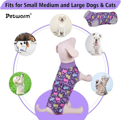 PetWarm Post Surgery Dog Onesie Male, Dog Coat's Inner Clothes, Substitute E-Collar and Cone, Pet Surgery Recovery Suit, Anti-Licking Dog Surgery Recovery Suit Soft, Dinosaur Pattern, Purple, 2XL