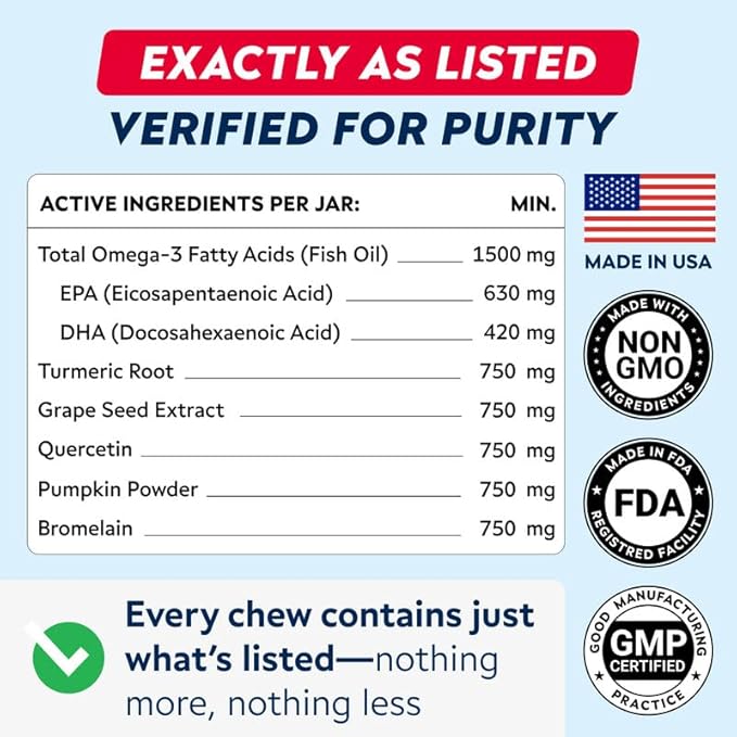 STRELLALAB Dog Allergy Relief & Anti Itch Support Chews w/Omega 3: Real Ingredients, Real Taste! Skin & Coat Immune w/Fish Oil, Pumpkin & Enzymes — Developed by Experts - Made in USA - 60Ct