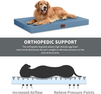 Outdoor Extra Large Dog Crate Bed, XXL Waterproof Dog Bed for Giant Breeds Dogs, 47x29 Inch Orthopedic Egg Crate Foam Pet Mat with Removable Cooling Cover, Blue