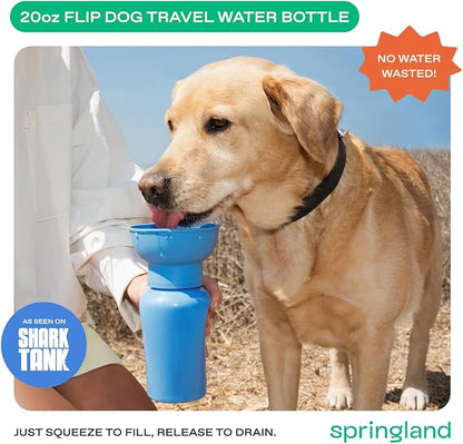 Springer Flip Dog Water Bottle | Portable Drinking Feeder with Foldable Food-Grade Silicone Bowl | One-Hand Squeeze & Leak-Proof | BPA-Free 20oz | Walking, Hiking & Camping | Puppy Essentials
