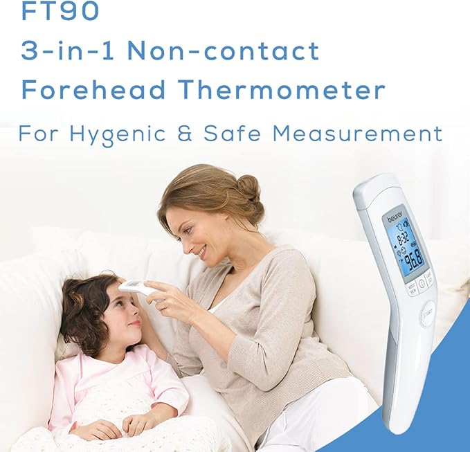 Beurer 3-in-1 Forehead Non-Contact, Body, Surface, Room Temperature, High Accuracy, Large Blue Backlit LCD Display Thermometer, 60 Memory Spaces, FT90 White, 32 Count (Pack of 1)