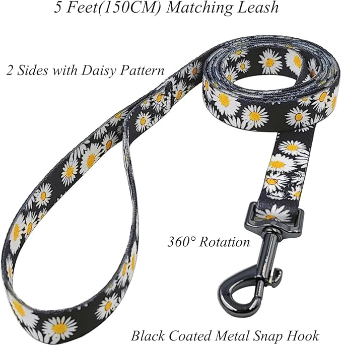 Dog Collar and Leash Set, Cute Daisy Pattern, Polyester Material, 5ft Leash, for Medium Dogs.(Medium,Black Daisy)