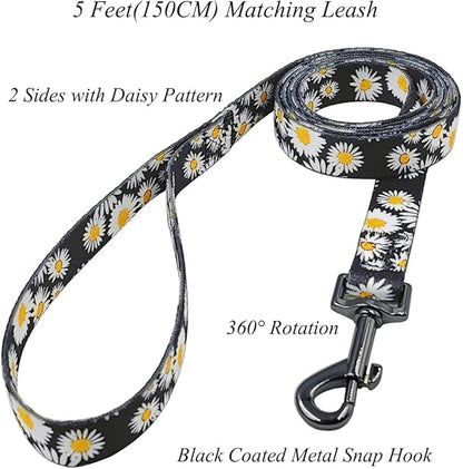 Dog Collar and Leash Set, Cute Daisy Pattern, Polyester Material, 5ft Leash, for Medium Dogs.(Medium,Black Daisy)