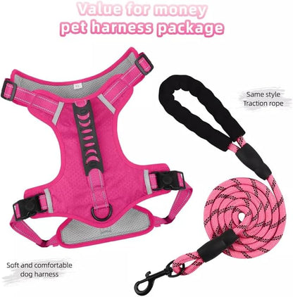 Dog Harness No Pull Adjustable Reflective,for Medium and Large Small Dog with Leash 59.06in (Fuscia, XL)