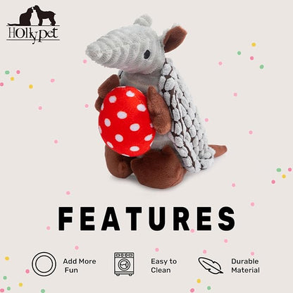 Hollypet Plush Dog Squeaky Toy Stuffed Armadillo Animal Pet Puppy Chew Toys with Clean Teeth for Small Medium Large All Breed Sizes Dogs, Gray, 8 in, Red Eggs with White Dots