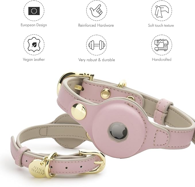 NINA WOOF Dog Collars, Harnesses & Leashes Made from Vegan Leather with Dog Tracker Device Holder Adjustable Dog Collar (Medium, Pink)