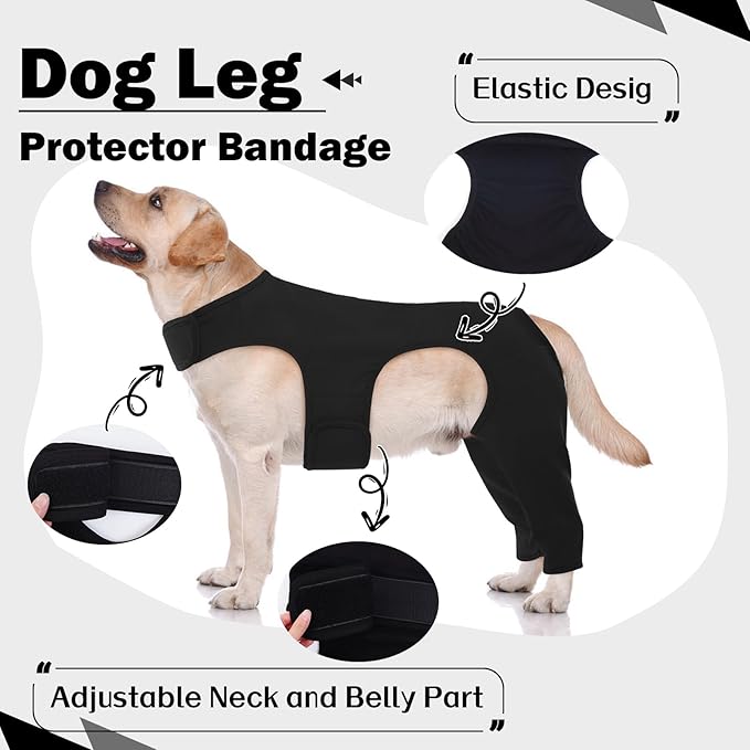 ROZKITCH Dog Sleeve for Rear Right Left Leg, Adjustable Pet Prevent Licking Wound Elbow Protector, Dog Recovery Suit Cone Collar Alternative for Sprain ACL CCL Arthritis Joint Care Black XL