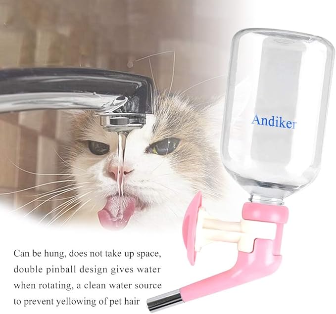 Andiker Dog Water Bottle for Crate, No-drip 350ml Dog Water Dispenser Adjustable and Detachable Installed on The Kennel Cage Water Bottle for Dogs and Puppy Drinking Water (Pink)