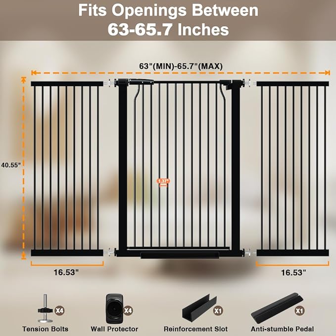 40.55" Extra Tall Dog Gate for Doorways Stairs, 63-65.7 in Extra Wide Baby Gate Walk Thru, Pressure Mounted Tall Pet Gates No Drill, Large Doggie Gates with Door, Auto Close Indoor, Black
