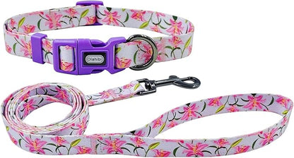 Dog Collar Leash Set, Floral Pattern, Polyester Material, Adjustable Collar and 5ft Matchcing Leash, for Small Dogs.(S, Purple Lily)