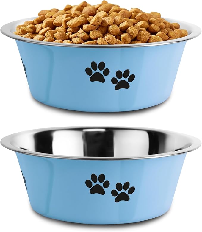 YUDANSI Dog Bowls 2 Pack Small Medium Dogs Feeding Food Water Bowl with Non-Slip Silicone Sole, Stainless Steel Dog Dishes Elevated Raised Pet Feeder (Blue, M(3.6 Cups)
