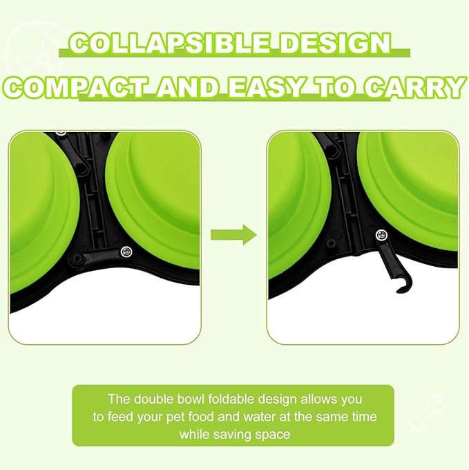 Collapsible Silicone Cat and Dog Travel Bowls,2 in 1 Foldable Pet Feeding and Watering Dish for Walking Camping Hiking with Carabiner (Green)