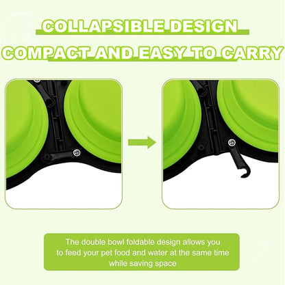 Collapsible Silicone Cat and Dog Travel Bowls,2 in 1 Foldable Pet Feeding and Watering Dish for Walking Camping Hiking with Carabiner (Green)