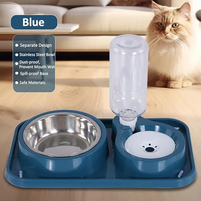 Dog Bowls, Non-Slip Puppy Cat Food and Water Bowl Set with Water Dispenser and Stainless Steel Bowl Detachable Gravity Pet Feeder and Waterer Set for Cats Dogs Puppy Rabbit (Blue, 500ML)