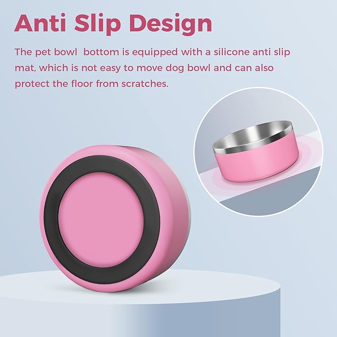 WENBOKMIN Dog Bowl, Stainless Steel Dog Food and Water Bowl with Non Slip Quiet Bottom, Easy to Clean, Dishwasher Safe, 64oz, Pink
