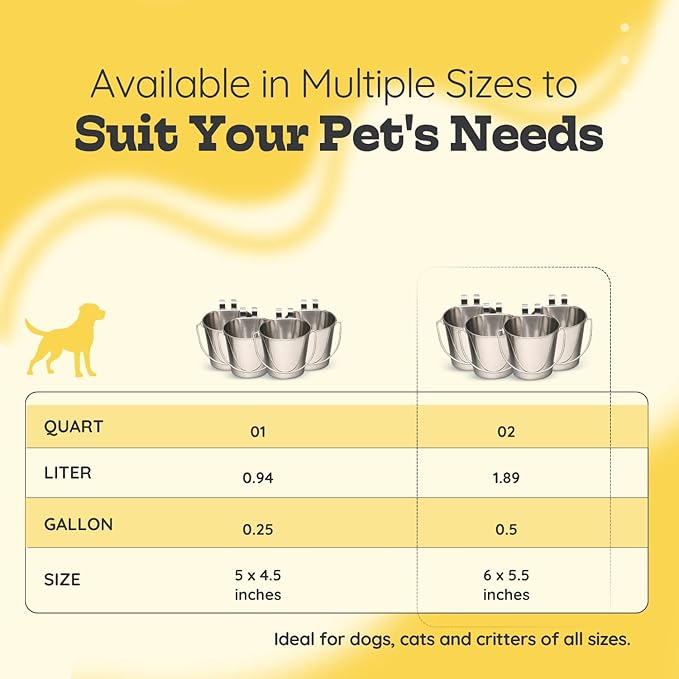 2 Quart Stainless Steel Flat Sided Bucket with Dual Hooks | 4 Pcs Durable Food & Water Bowl for Dog Cats Bird & Small Animals | Fits kennel Cage Crates Hanging Pet Pail | Multipurpose use