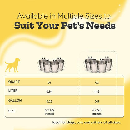 2 Quart Stainless Steel Flat Sided Bucket with Dual Hooks | 4 Pcs Durable Food & Water Bowl for Dog Cats Bird & Small Animals | Fits kennel Cage Crates Hanging Pet Pail | Multipurpose use