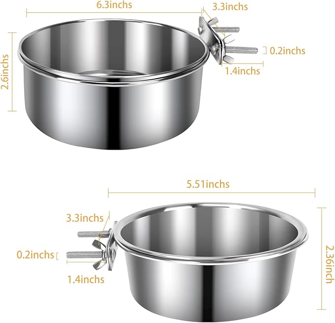 2 Pcs Medium Pet Dog Food Water Bowl for Cage Stainless Steel Non-Spill Kennel Detectable Hanging Cats Pets Bowls with Clamp Holder Crate Feeder Dish for Medium Dogs (5.5x2.3'' & 6.3x2.6'')