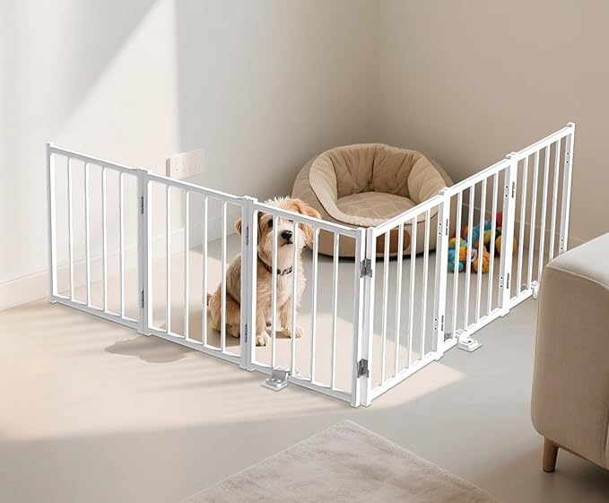 BFNN Free Standing Foldable Dog Gate, 16.5" High Step-Over Metal Short Pet Gate, Up to 72" Wide Puppy Fence for Stairs and Doorways, Indoor & Outdoor Use, No Drilling and No Assembly, White