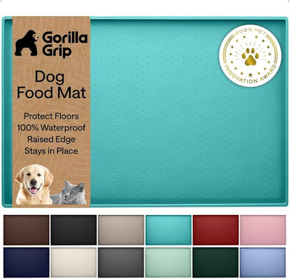 GORILLA GRIP 100% Waterproof Raised Edge BPA Free Silicone Pet Feeding Mat, Dog Cat Food Mats Contain Spills Protects Floors, Placemats for Cats and Dogs Water Bowl, Pets Accessories 32x24 Turquoise