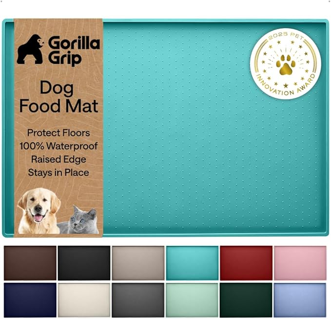 GORILLA GRIP 100% Waterproof Raised Edge BPA Free Silicone Pet Feeding Mat, Dog Cat Food Mats Contain Spills Protects Floors, Placemats for Cats and Dogs Water Bowl, Pets Accessories 16x10, Turquoise