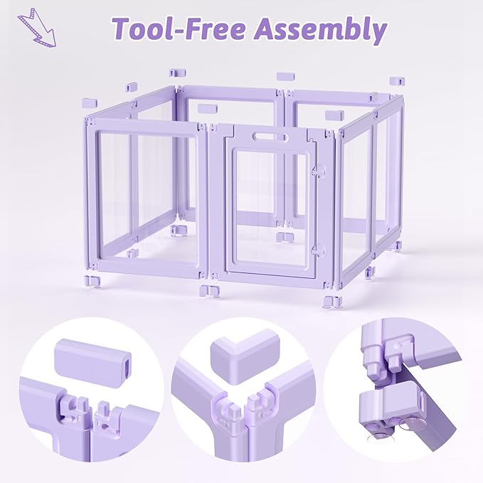 DIY Clear Acrylic Dog Playpen House,Quick Easy Assembly and Disassembly,Strong Floor Suction,Indoor and Outdoor Use,Easy Cleansing Puppy Fence (Purple, 23.6" H, 8PCS)
