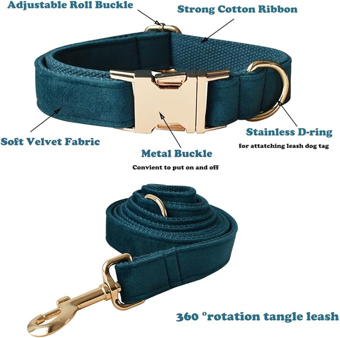 Love Dream Velvet Dog Collar and Leash Set, Soft & Comfy Adjustable Dog Leash and Collar with Heavy Duty Metal Buckle for Small Medium Large Dogs Training & Walking (Large, Peacock Green)