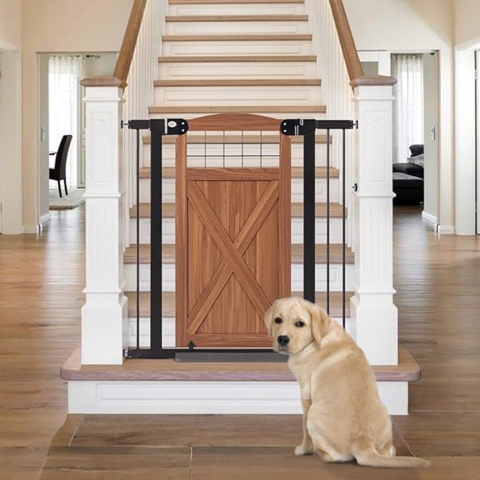 beeNbkks Barn Door Dog Gate, Anti-Kick Pet Gate with Walk Through Door, Modern Farmhouse Puppy Gate, Pressure Mounted Safety Dog Gate for Doorways Stairs House, for 29" to 40" Wide Openings, 39" Tall