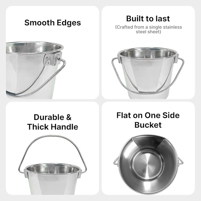 Heavy Duty Stainless Steel Bucket 1 Quart - Flat Side Small Metal Bucket for Feeding & Watering Pets, Livestock & Cleaning - Perfect for Crates, Kennels, Cages & Hang on Fences